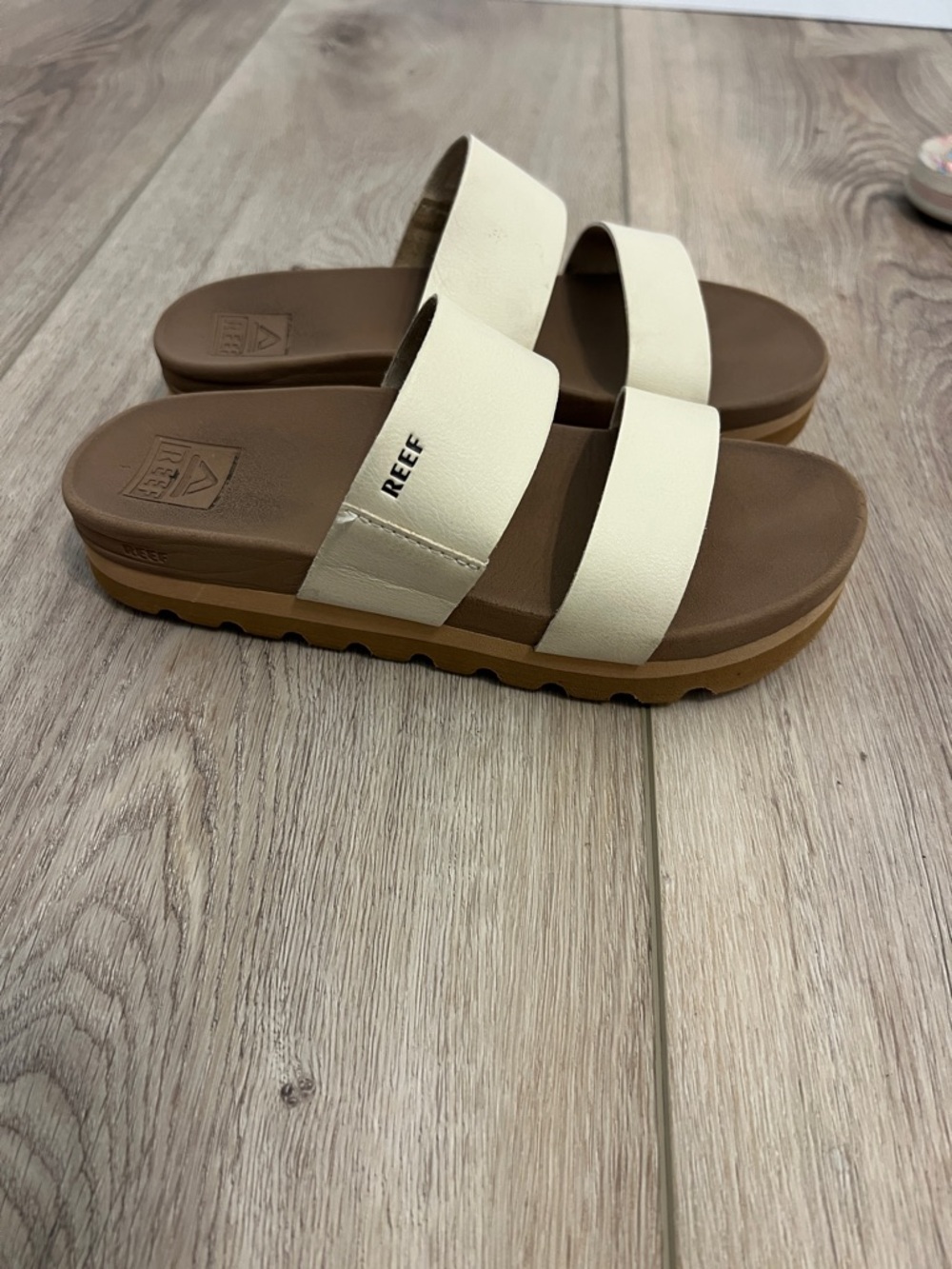 Reef Cream Double-Strap Slide Sandals with Brown Footbed